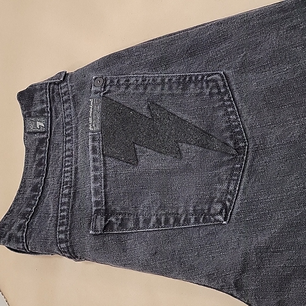 7 For All Mankind, Size 27 Washed Black Flared Jeans w/Sparkle Lightning Bolts - Picture 2 of 15